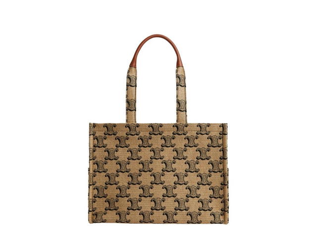 Celine Celine Large Cabas Thais In Raffia Jacquard Triomphe And Calfskin Tan - view 2