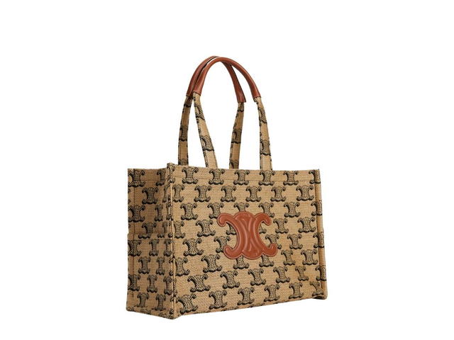 Celine Celine Large Cabas Thais In Raffia Jacquard Triomphe And Calfskin Tan - view 3