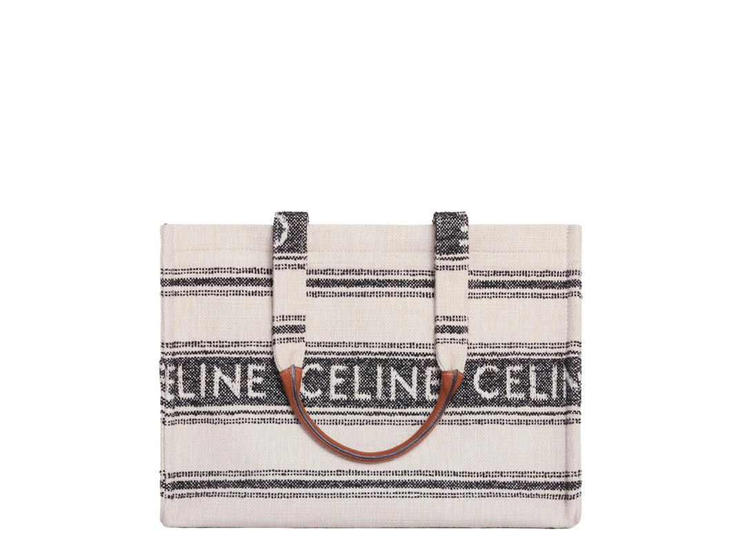 Celine Celine Large Cabas Thais In Striped Textile With Celine Jacquard With Gold Finishing White Black
