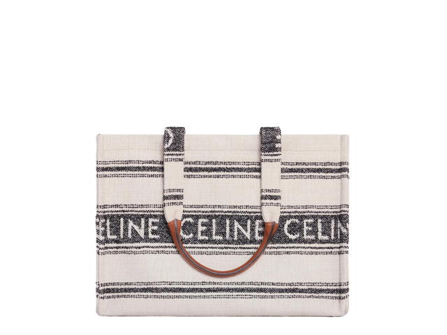Celine Celine Large Cabas Thais In Striped Textile With Celine Jacquard With Gold Finishing White Black - view 1