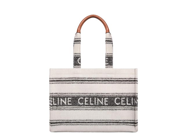 Celine Celine Large Cabas Thais In Striped Textile With Celine Jacquard With Gold Finishing White Black - view 2