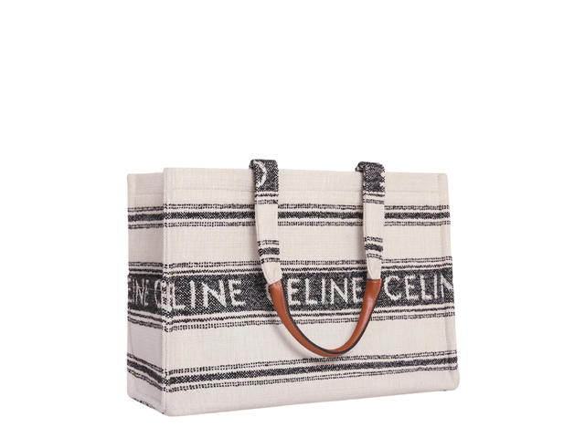 Celine Celine Large Cabas Thais In Striped Textile With Celine Jacquard With Gold Finishing White Black - view 3