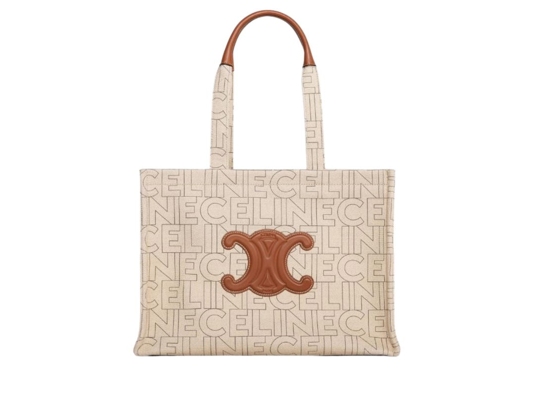 Celine Celine Large Cabas Thais In Textile With Celine All-Over Print Natural Tan