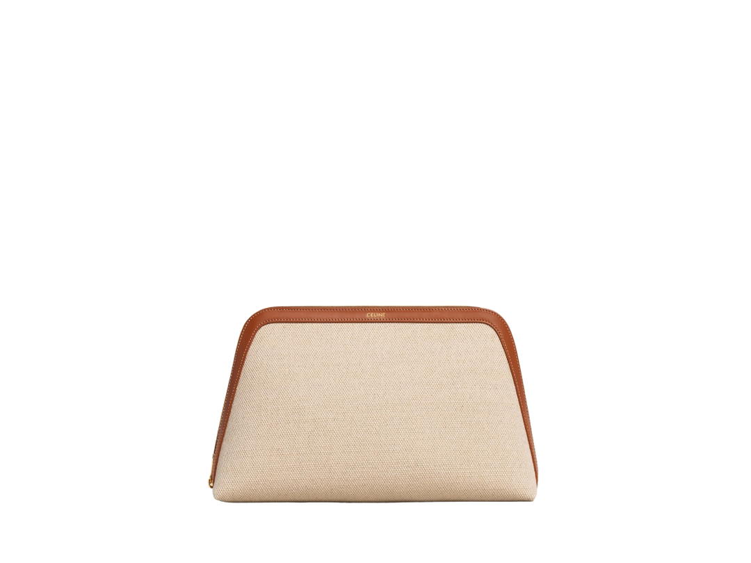 Celine Celine Large Cosmetic Pouch In Textile And Calfskin With Gold Finishing Hardware Natural-Tan