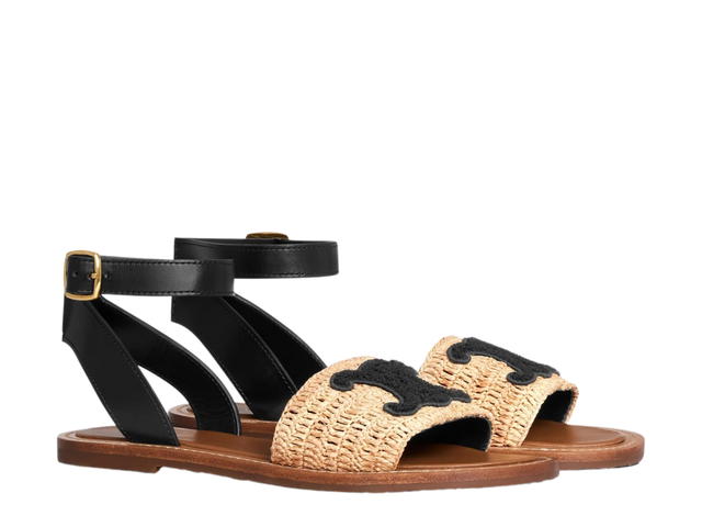 Celine Celine Lympia Flat Strap Sandal In Raffia And Calfskin Belge-Black (W) - view 2