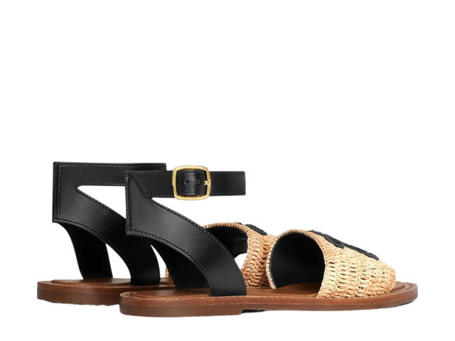 Celine Celine Lympia Flat Strap Sandal In Raffia And Calfskin Belge-Black (W) - view 3