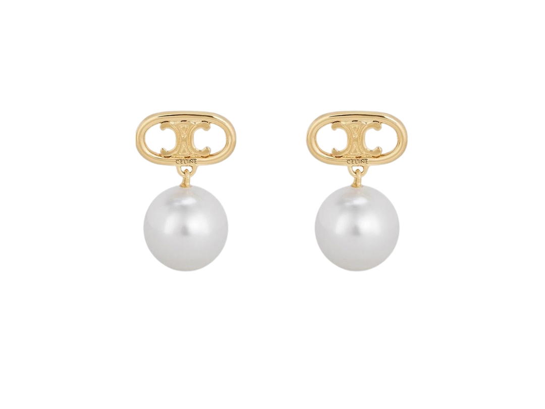Celine Celine Maillon Triomphe Pearl Earrings In Brass with Gold Finish and Glass Pearl Gold-Ivory