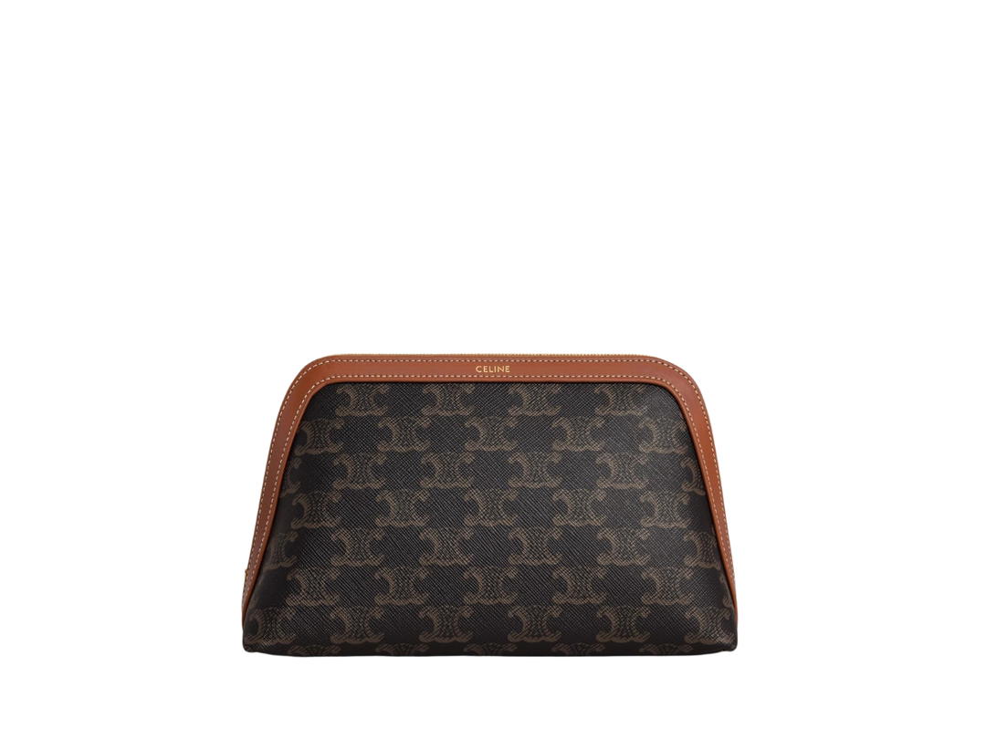 Celine Celine Medium Cosmetic Pouch In Triomphe Canvas And Calfskin With Gold Finishing Tan