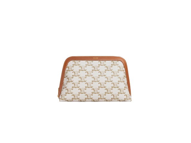 Celine Celine Medium Cosmetic Pouch In Triomphe Canvas And Calfskin With Gold Finishing White - view 1
