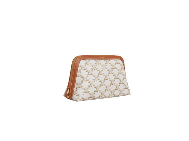 Celine Celine Medium Cosmetic Pouch In Triomphe Canvas And Calfskin With Gold Finishing White - view 2