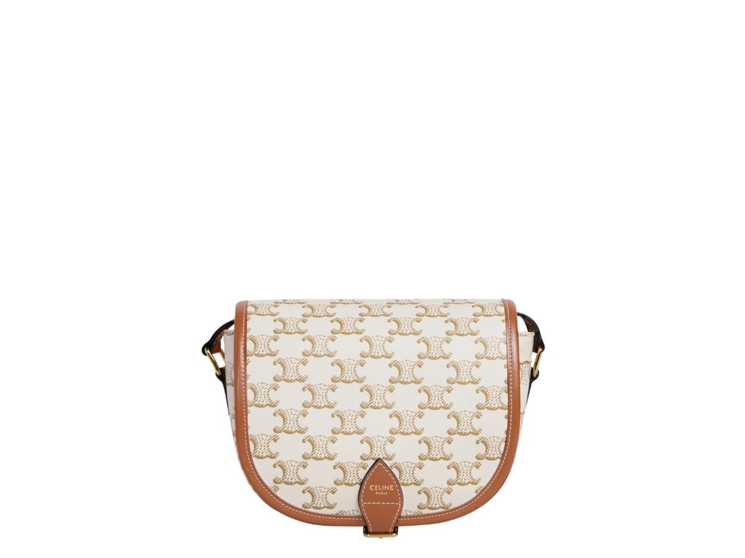 Celine Celine Medium Folco Bag In Triomphe Canvas And Calfskin With Gold Finishing White