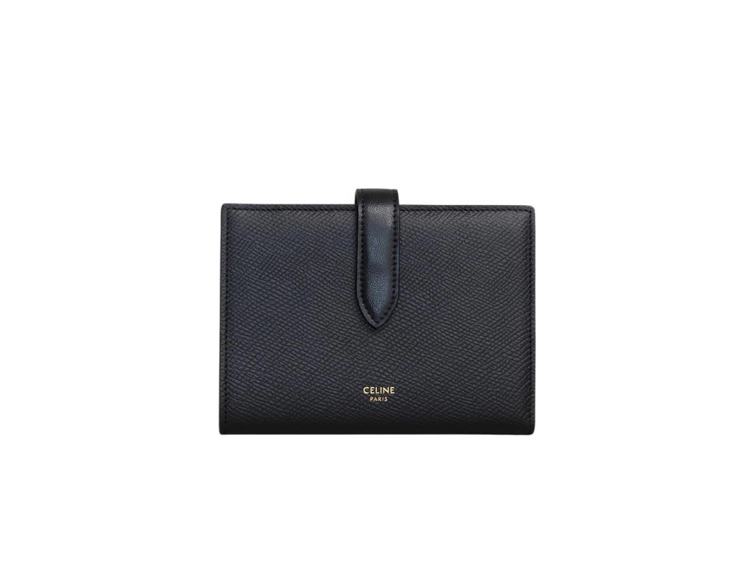 Celine Celine Medium Strap Wallet In Grained Calfskin With Gold Finishing Hardware Black