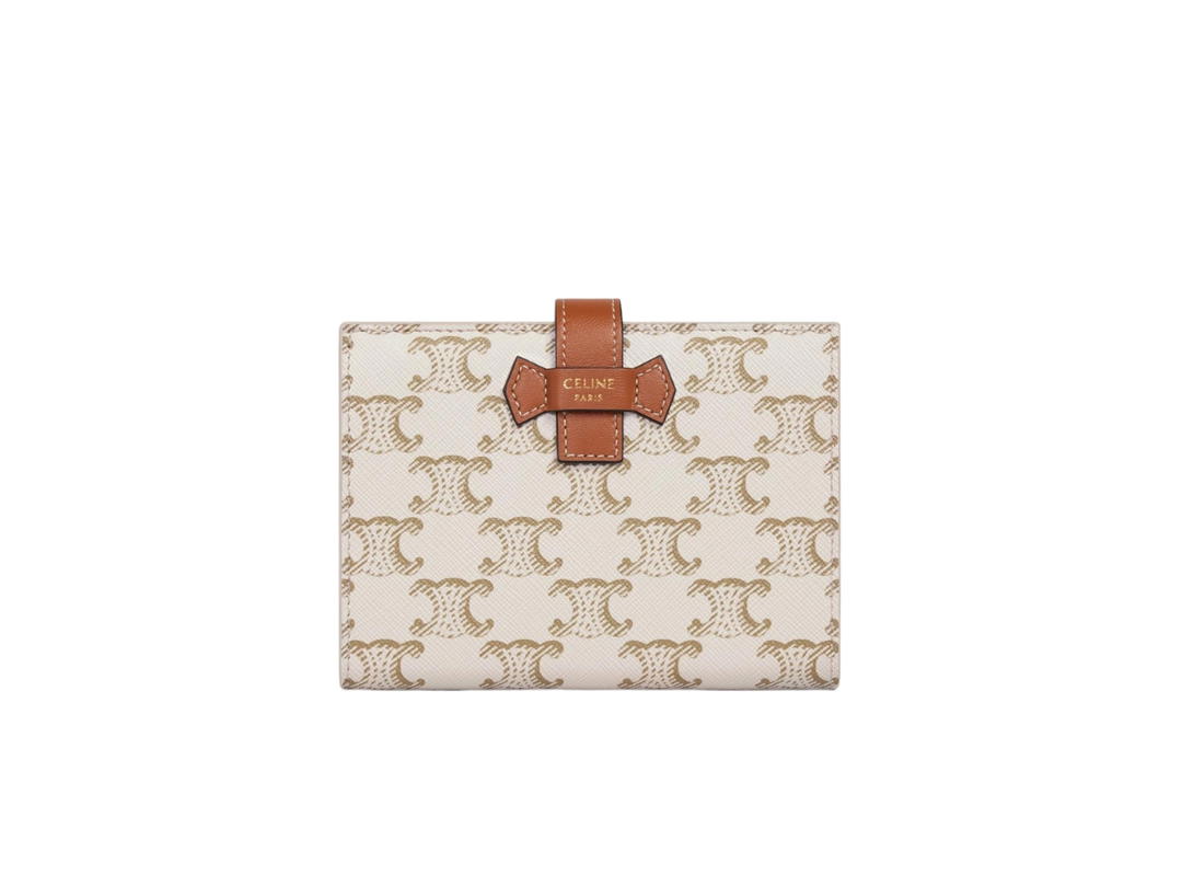 Celine Celine Medium Strap Wallet In Triomphe Canvas And Lambskin With Gold Metal Hardware White Tan