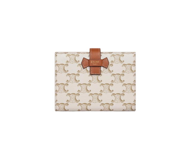 Celine Celine Medium Strap Wallet In Triomphe Canvas And Lambskin With Gold Metal Hardware White Tan - view 1