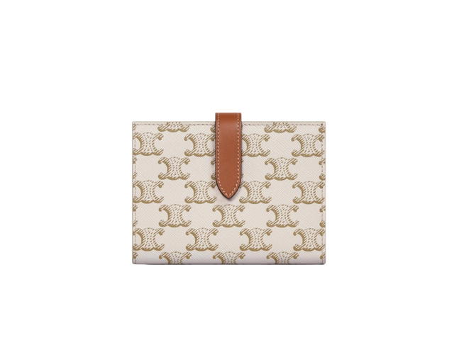 Celine Celine Medium Strap Wallet In Triomphe Canvas And Lambskin With Gold Metal Hardware White Tan - view 3