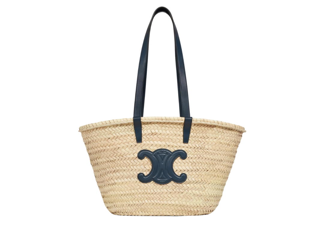 Celine Celine Medium Triomphe Celine Classic Panier In Palm Leaves And Calfskin Navy Blue