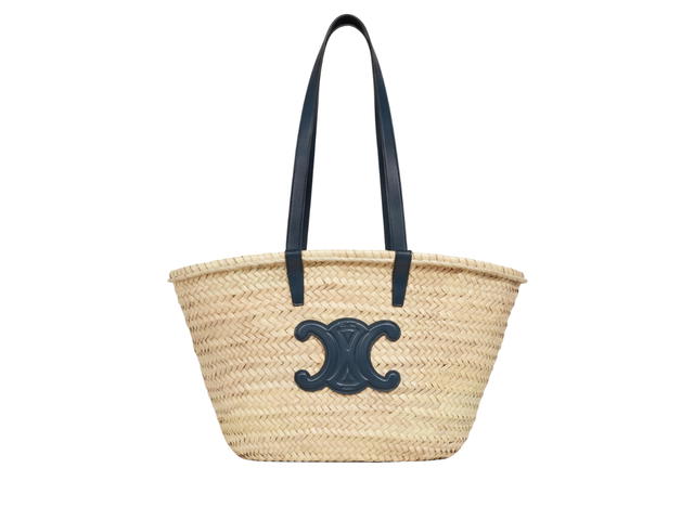 Celine Celine Medium Triomphe Celine Classic Panier In Palm Leaves And Calfskin Navy Blue - view 1
