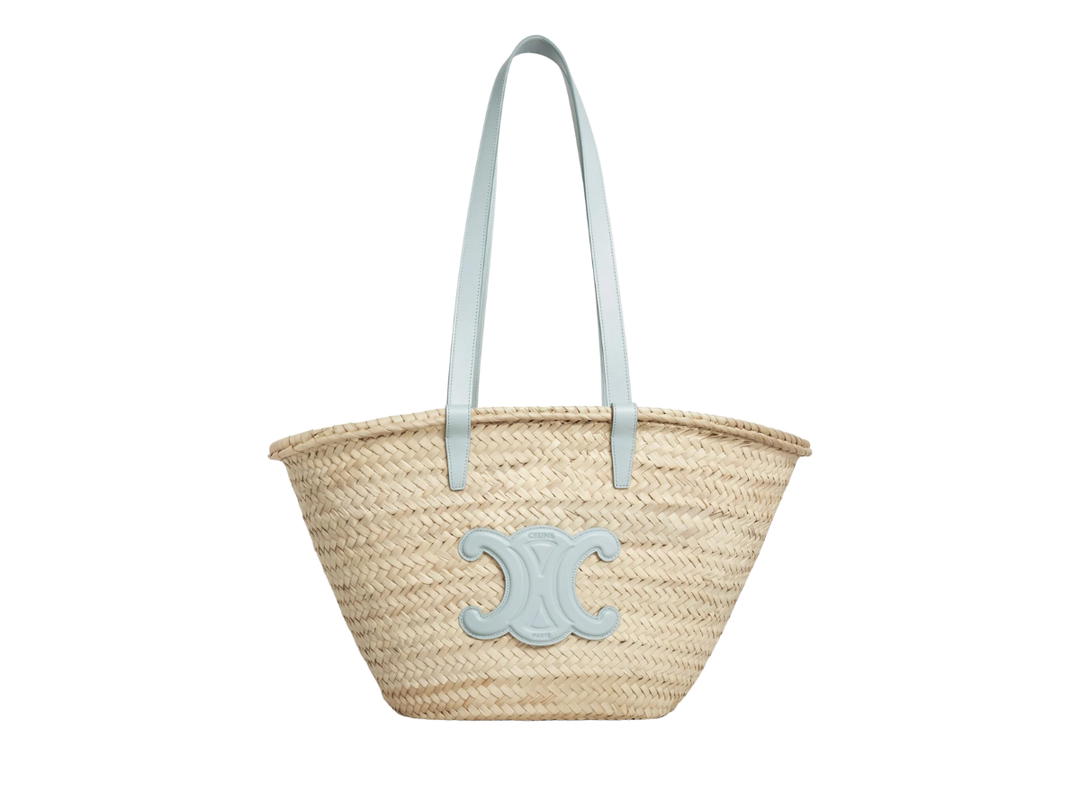 Celine Celine Medium Triomphe Celine Classic Panier In Palm Leaves And Calfskin Soft Blue