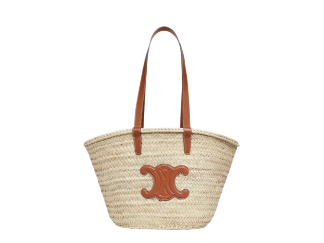 Celine Celine Medium Triomphe Celine Classic Panier In Palm Leaves And Calfskin Tan