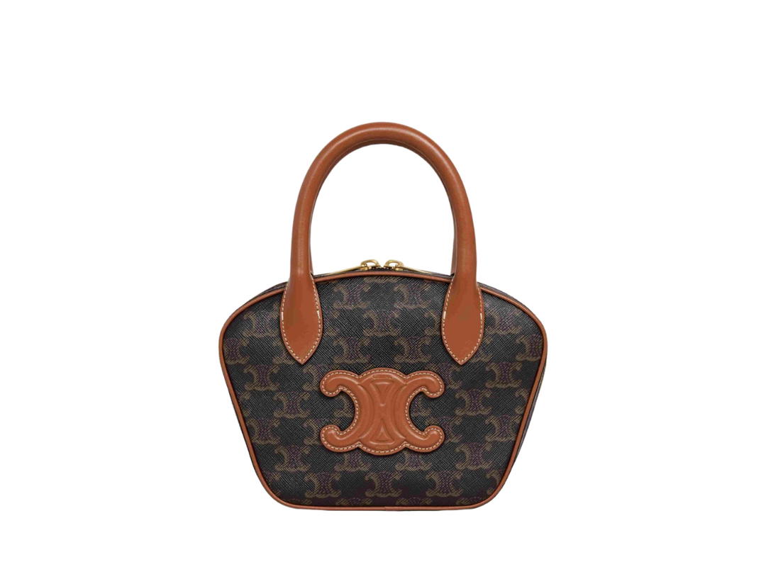 Celine Celine Mini Bowling Bag In Triomphe Canvas And Calfskin With Gold Finishing Tan