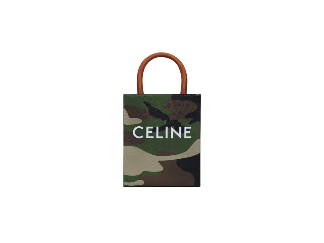 Celine Celine Mini Vertical Cabas In Camo Canvas And Calfskin With Celine Print Khaki Tan