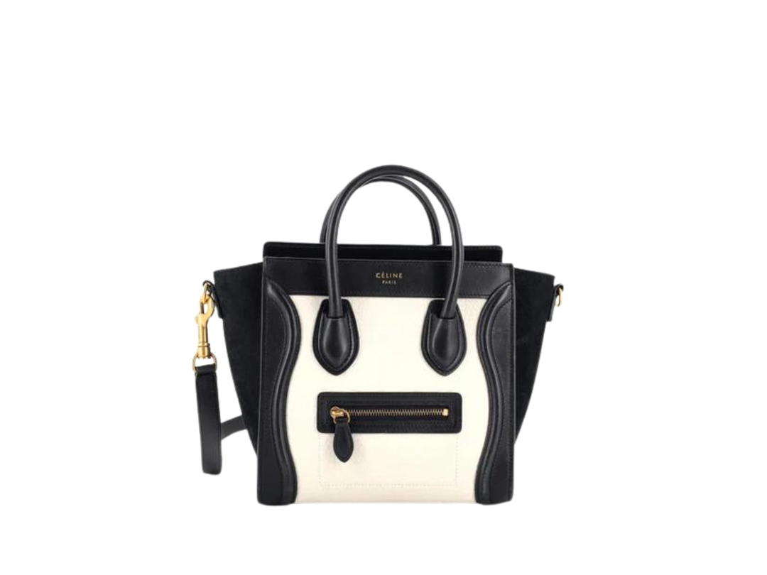 Celine Celine Nano Luggage Bag In Grainy Leather With Aged Gold Metal Hardware Black White