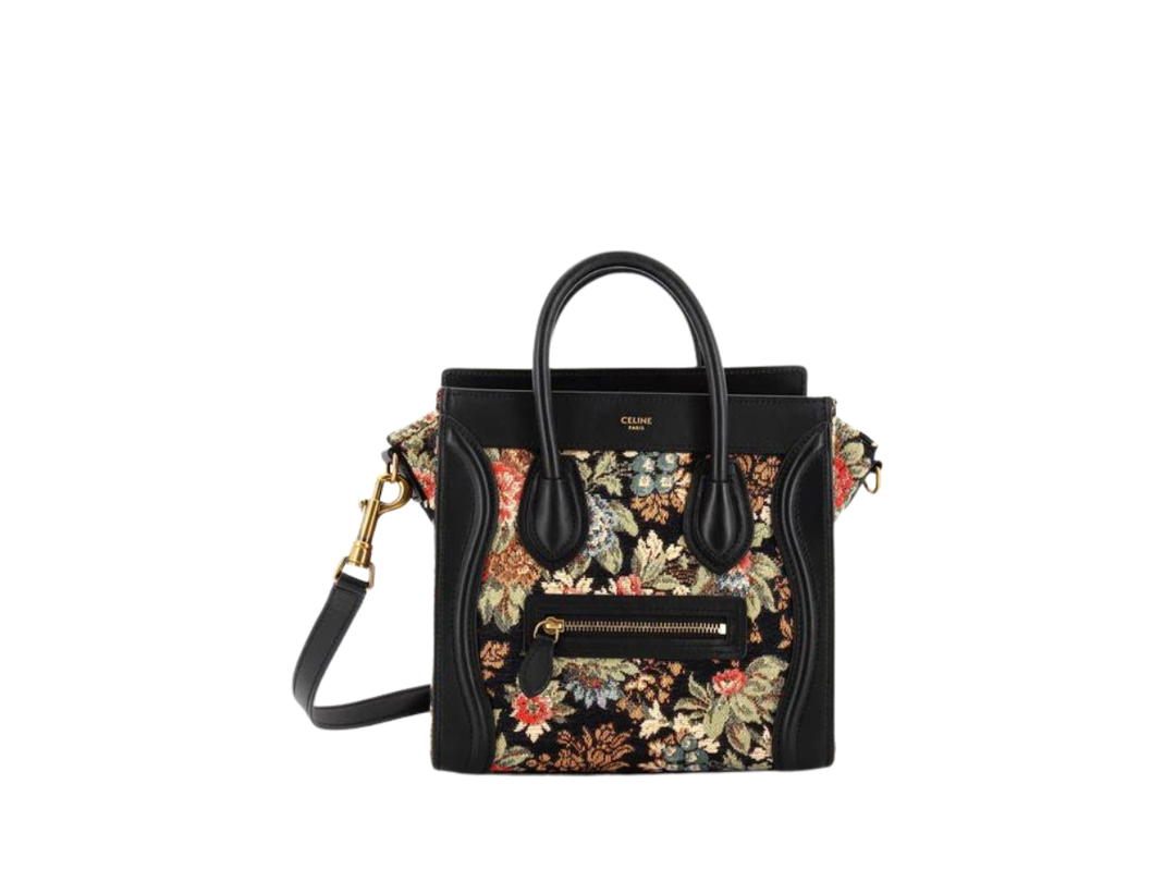 Celine Celine Nano Luggage Bag In Jacquard and Calfskin With Gold Metal Hardware Black