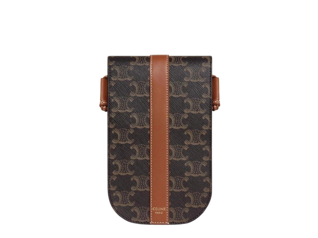 Celine Celine Phone Pouch In Triomphe Canvas And Calfskin Tan