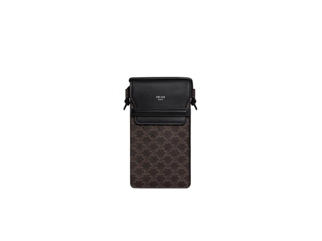 Celine Celine Phone Pouch With Flap In Triomphe Canvas And Lambskin Black