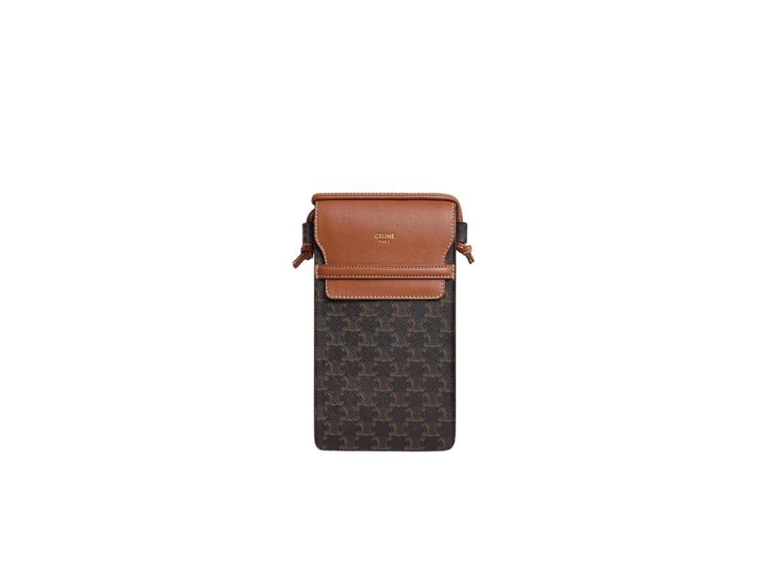 Celine Celine Phone Pouch With Flap In Triomphe Canvas And Lambskin Tan