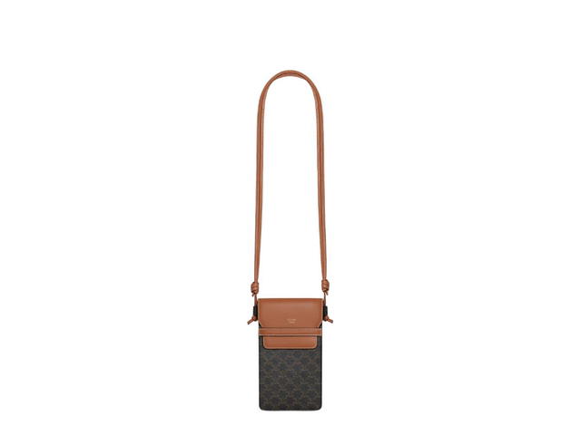 Celine Celine Phone Pouch With Flap In Triomphe Canvas And Lambskin Tan - view 3