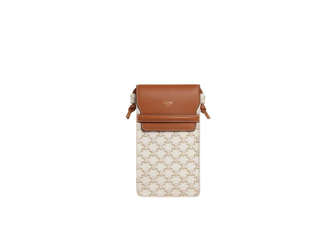 Celine Celine Phone Pouch With Flap In Triomphe Canvas And Lambskin White Tan