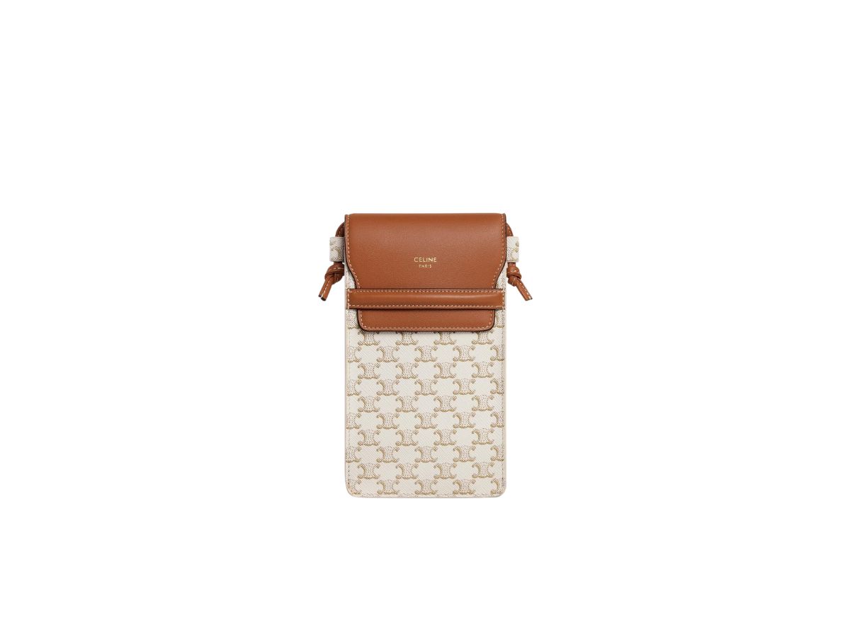Celine Celine Phone Pouch With Flap In Triomphe Canvas And Lambskin White Tan