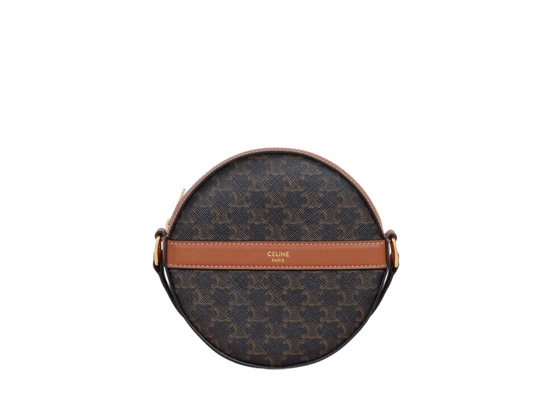 Celine Celine Round Purse On Strap In Triomphe Canvas And Lambskin With Gold Hardware Black-Tan