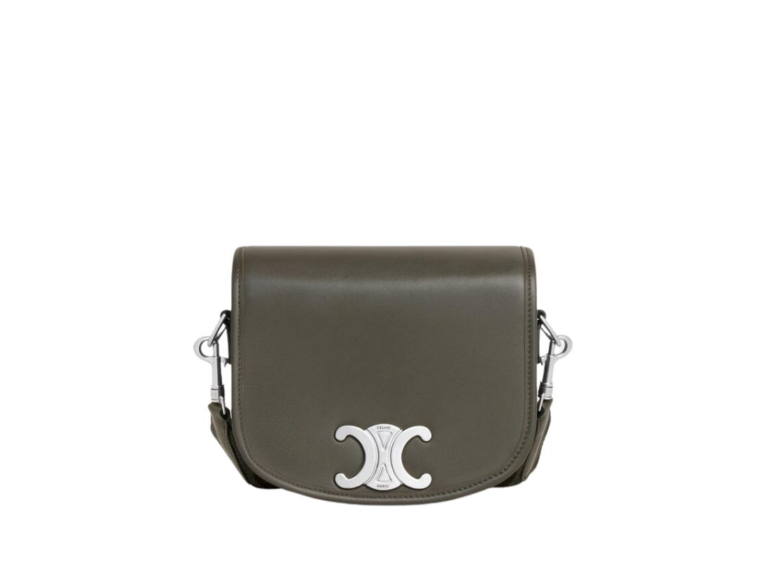 Celine Celine Small Besace Strap Triomphe In Supple Natural Calfskin Leather With Silver Finishing Hardware Dark Army