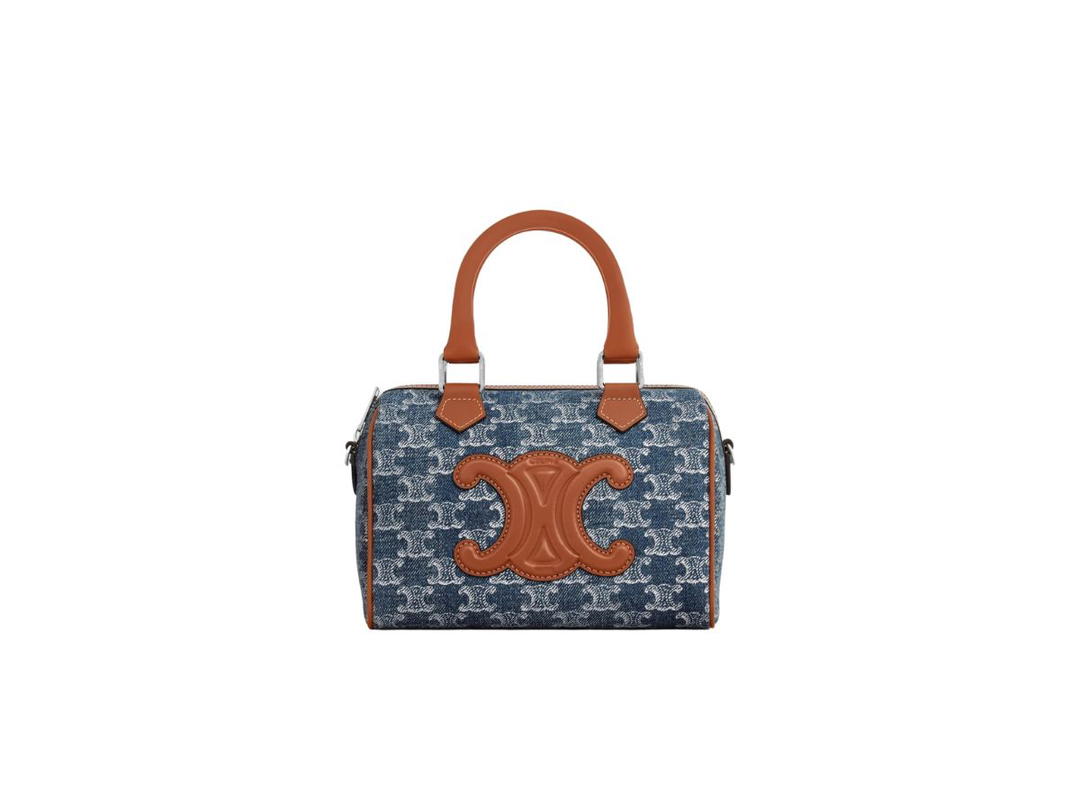 Celine Celine Small Boston Cuir Triomphe In Denim With Triomphe All-Over And Calfskin Denim-Silver