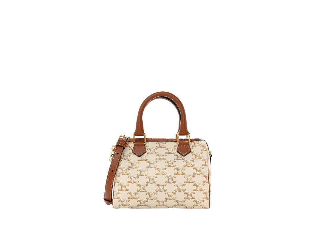 Celine Celine Small Boston Cuir Triomphe In Triomphe Canvas And Calfskin With Gold Finishing White Tan