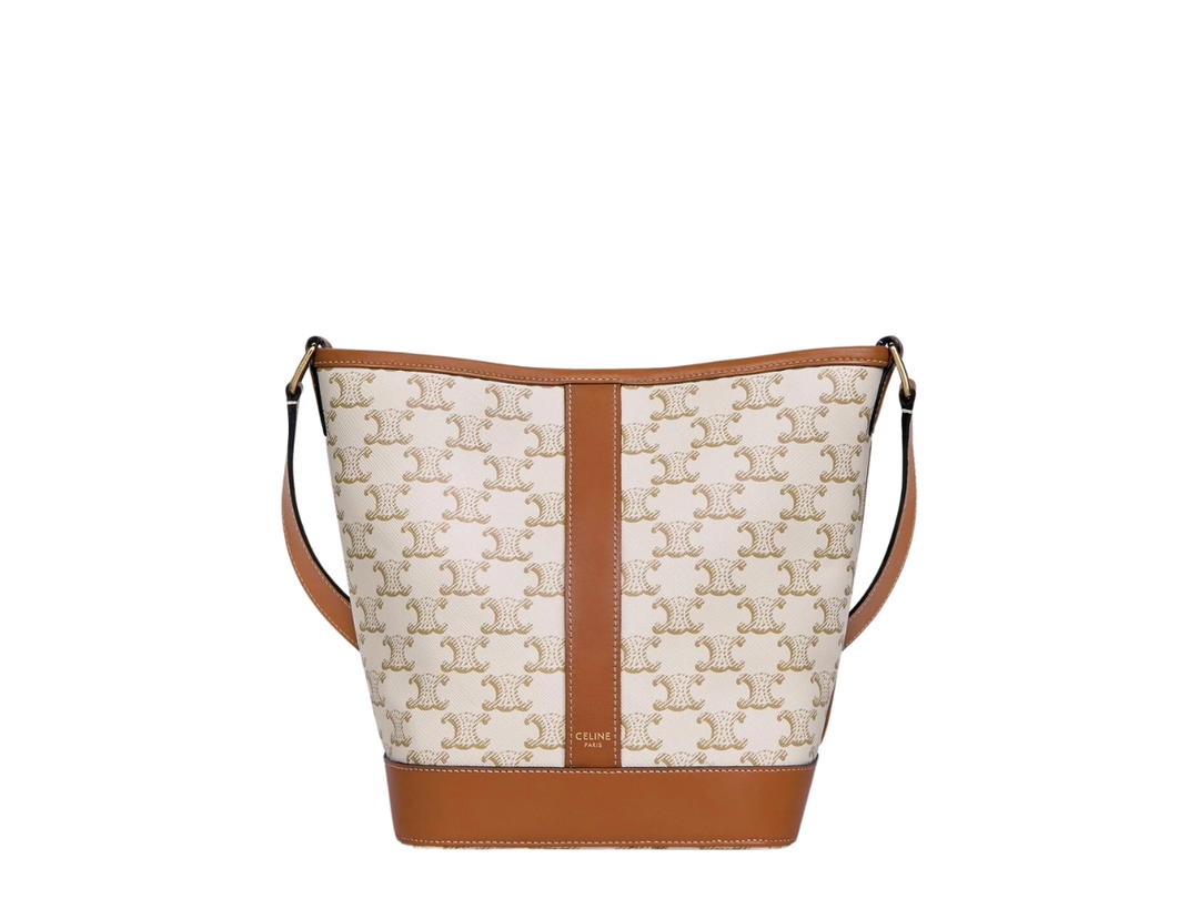 Celine Celine Small Bucket In Triomphe Canvas And Calfskin With Gold Finishing White