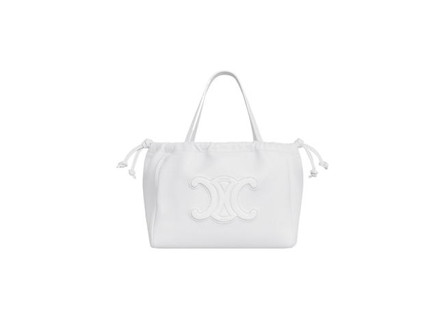 Celine Celine Small Cabas Drawstring Cuir Triomphe In Grained Calfskin Arctic White - view 1