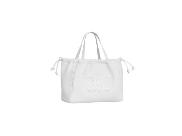 Celine Celine Small Cabas Drawstring Cuir Triomphe In Grained Calfskin Arctic White - view 3