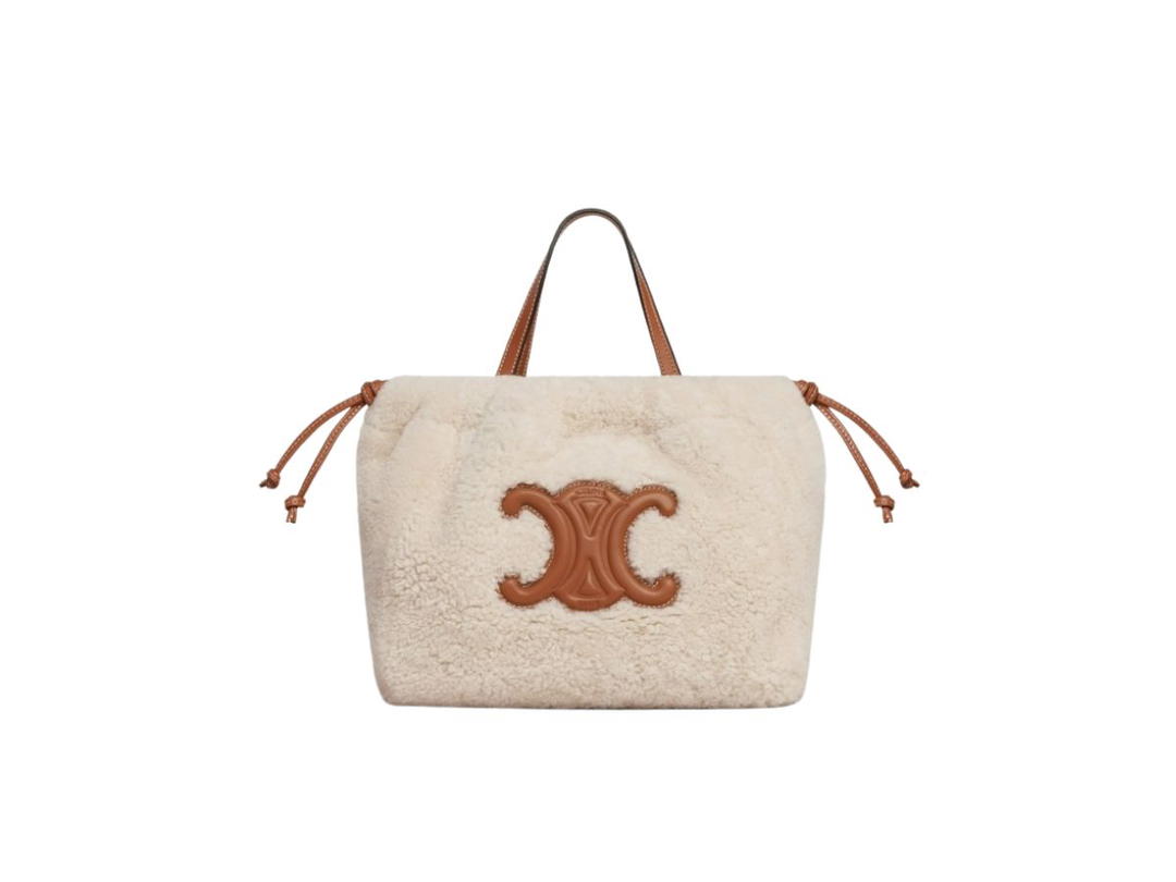 Celine Celine Small Cabas Drawstring Cuir Triomphe In Shearling And Calfskin Natural-Tan