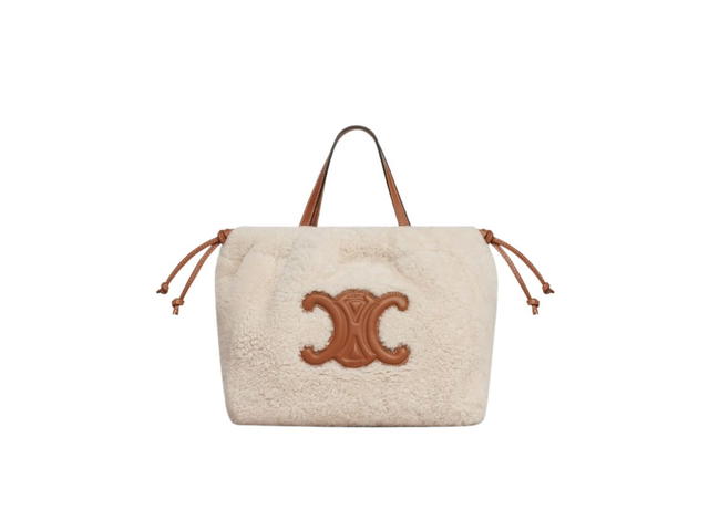 Celine Celine Small Cabas Drawstring Cuir Triomphe In Shearling And Calfskin Natural-Tan - view 1