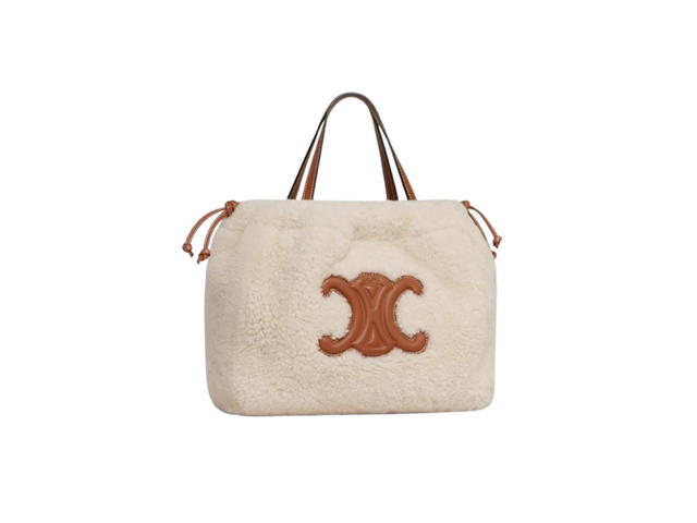 Celine Celine Small Cabas Drawstring Cuir Triomphe In Shearling And Calfskin Natural-Tan - view 2
