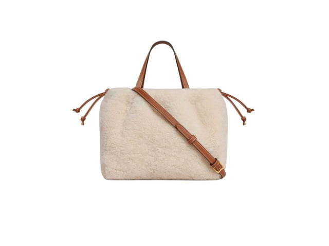 Celine Celine Small Cabas Drawstring Cuir Triomphe In Shearling And Calfskin Natural-Tan - view 3
