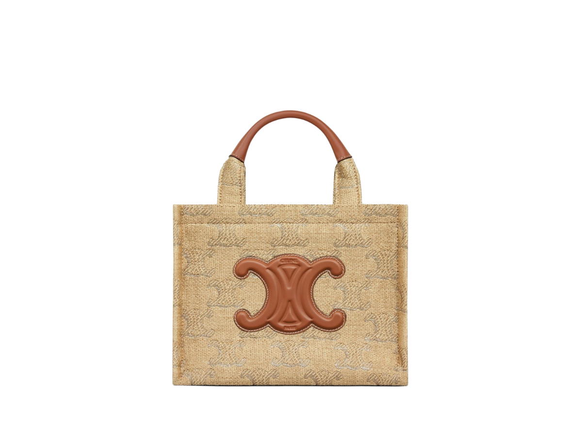 Celine Celine Small Cabas Thais In Raffia Effect Textile With Triomphe Jacquard Natural Silver