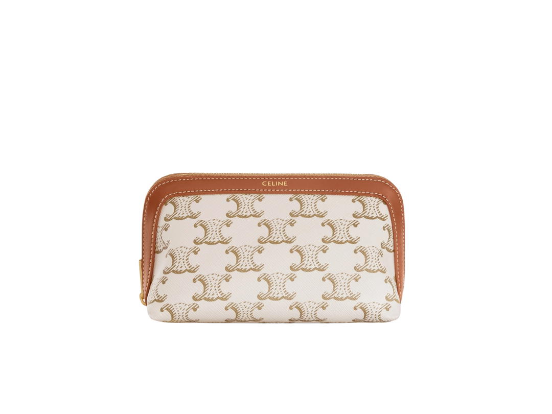 Celine Celine Small Cosmetic Pouch In Triomphe Canvas And Calfskin With Gold Finishing White