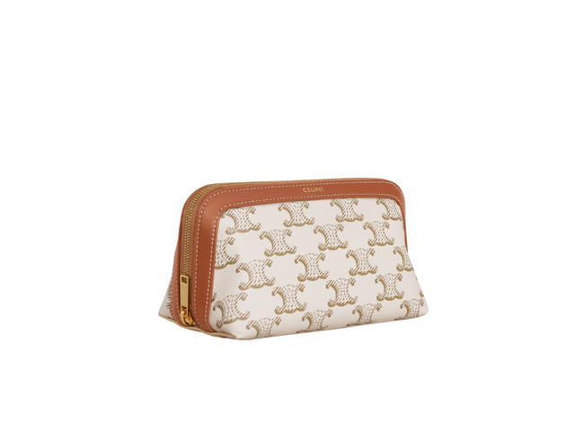 Celine Celine Small Cosmetic Pouch In Triomphe Canvas And Calfskin With Gold Finishing White - view 2