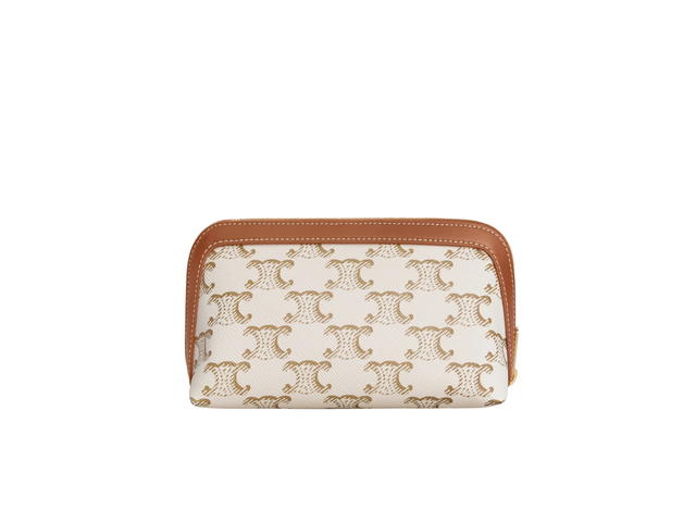 Celine Celine Small Cosmetic Pouch In Triomphe Canvas And Calfskin With Gold Finishing White - view 3