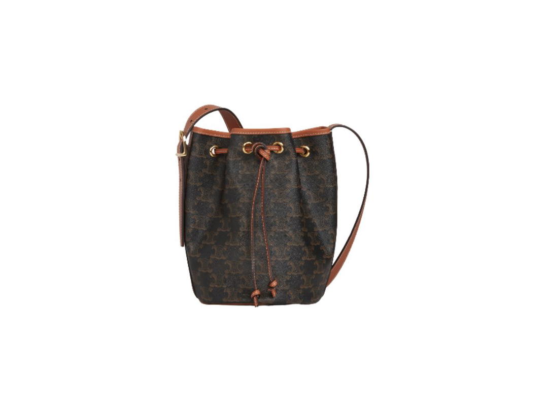 Celine Celine Small Drawstring Bag In Triomphe Canvas And Calfskin With Gold Finishing Tan
