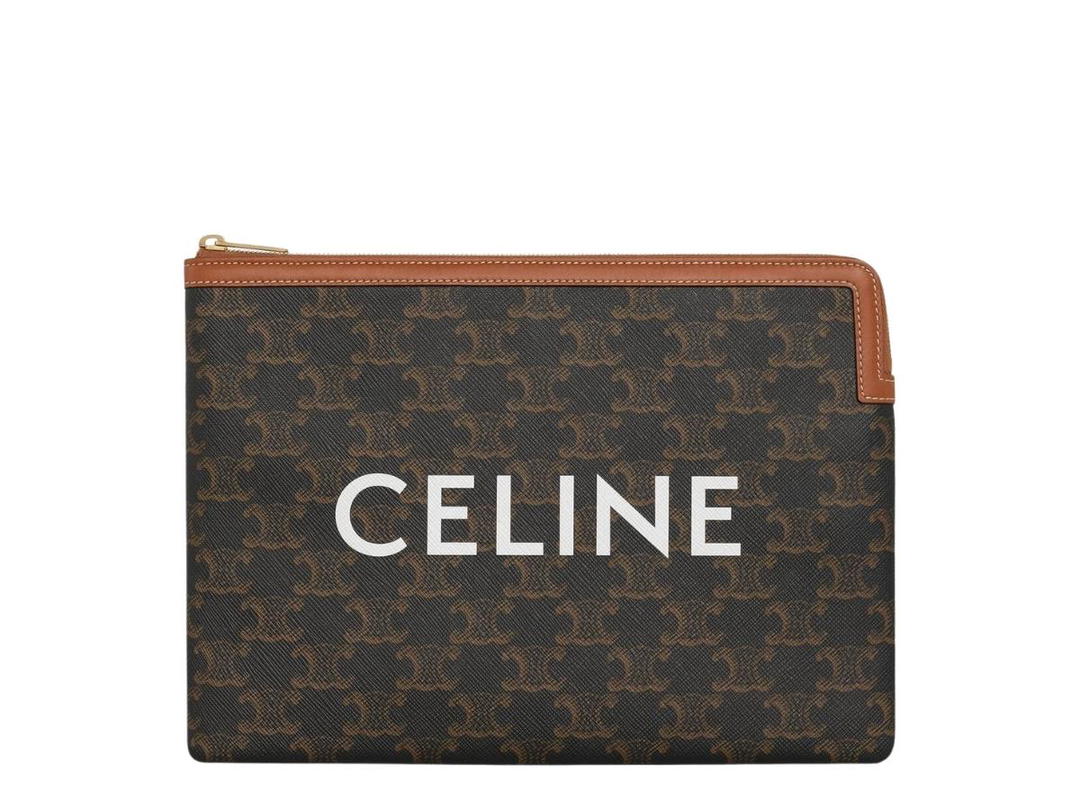 Celine Celine Small Pouch In Triomphe Canvas And Lambskin With Gold Finishing Tan